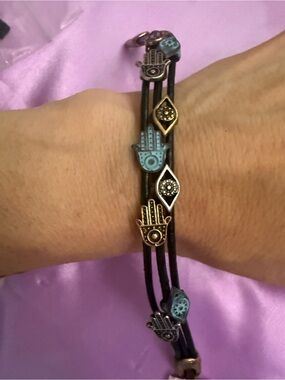 Clover Black leather  Bracelet with Turquoise Hamsa and Antique Gold Evil eye